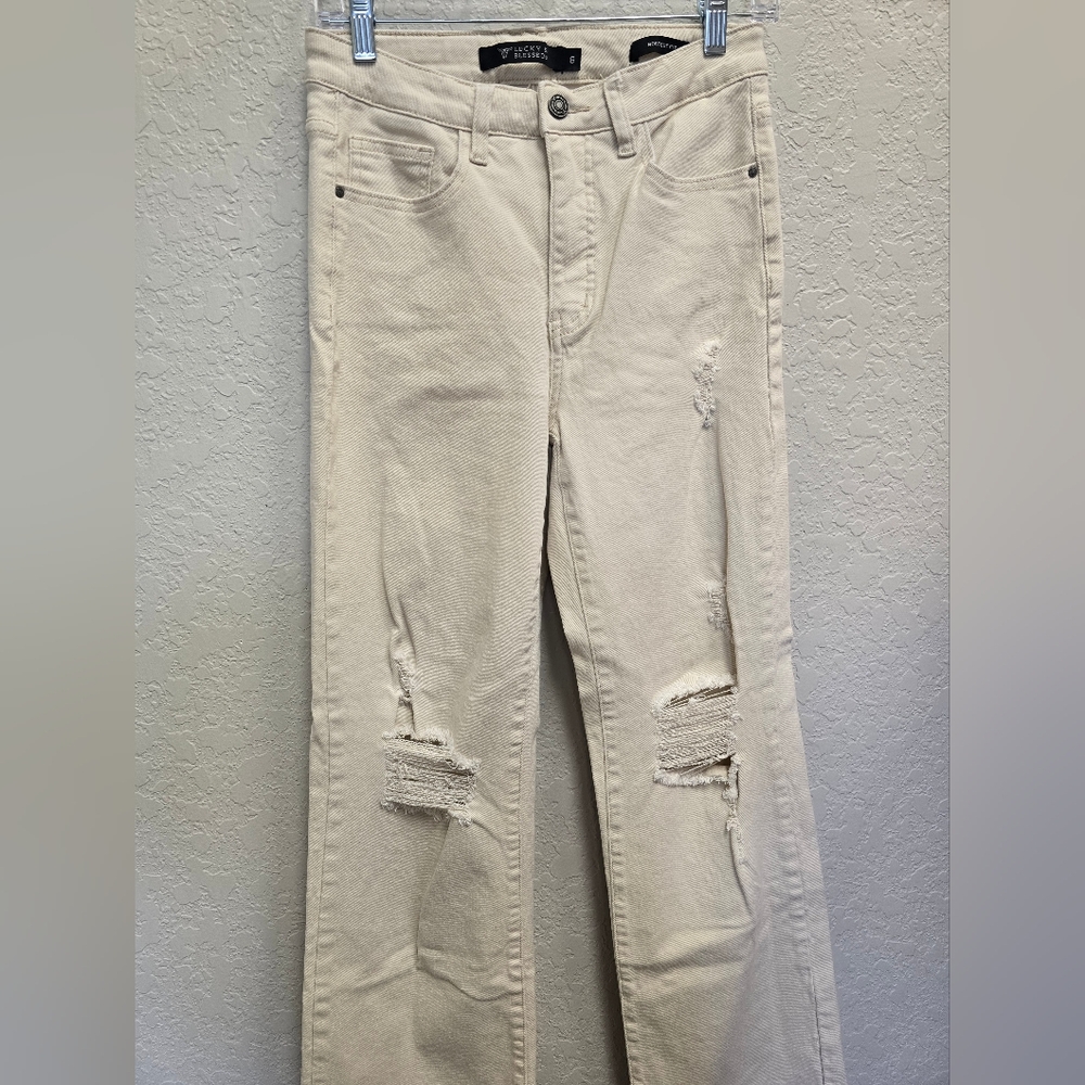 Lucky & Blessed High Rise Cream Distressed No Gap Boot cut Wide Leg Jeans Size 6 - Picture 5 of 7